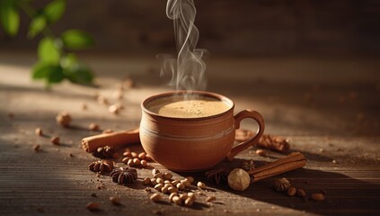 Spiced chai latte with fresh ginger and herbs in a clay cup, highlighting healthy wellness beverage during teatime