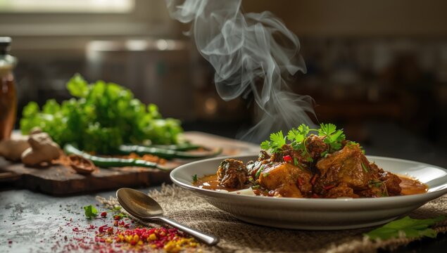 Pakistani mutton stew featuring green herbs and spices, emphasizing cooking techniques and meat quality in traditional dishes