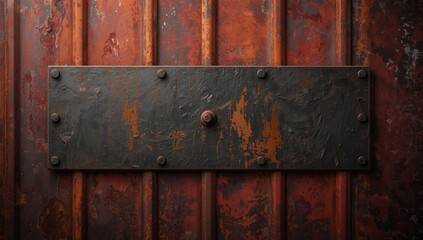 Yellow iron table alongside an old brown metal wall with moisture marks and rivet nut heads, suitable for industrial decor or maintenance scenes