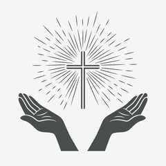 Vector Black and White Open Hands with Cross. Symbol of Faith and Prayer. Design Template for Church Logo. Prayer, Religion Concept. Monochrome Cut Out Silhouette Icon. Vector Illustration