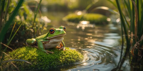 Frog sitting on a leaf in a natural setting, highlighting amphibian habitat for conservation awareness, World Amphibian Day