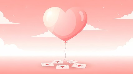 Valentine Day Background,Sweet illustration of a large pink heart balloon floating above scattered love letters on a soft pink background with stylized clouds.
