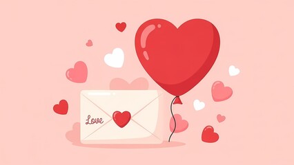 Valentine Day, Red heart balloon and 'Love' envelope with scattered hearts on a soft pink background.