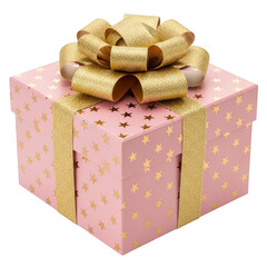 Pink gift box with golden stars and a glittering gold bow on a transparent background