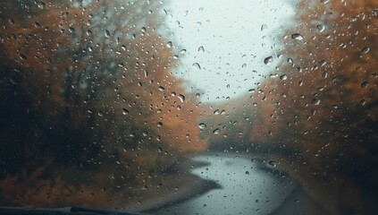 Rain droplets on a vehicle's window during fall, emphasizing weather monitoring and vehicle maintenance