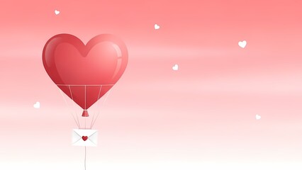 Valentine Day Large red heart hot air balloon carries 'Love' letter, floating gracefully against a soft pink background.