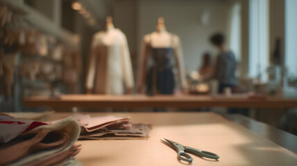 A close-up, low-angle shot of a tailor's workbench featuring fabric swatches and sharp scissors, with a blurred background of dress forms and designers working in a boutique atelier.