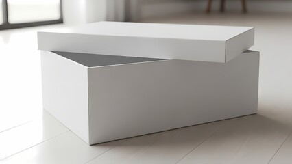 Empty white cardboard box with an open lid sits on a light wooden floor, ready for packing or gifting.