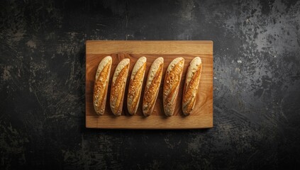 Sliced French baguette on a wooden cutting board, suitable for bakery preparation or presentation, World Bread Day
