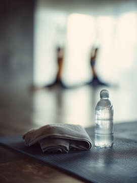A close-up of a blue yoga mat, a grey towel, and a clear water bottle in sharp focus, with a blurred background of people practicing yoga in a sunlit gym or studio space.