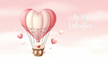 Heart-shaped hot air balloon with love letter, floating in pink sky, surrounded by hearts, "Be My Valentine" text.
