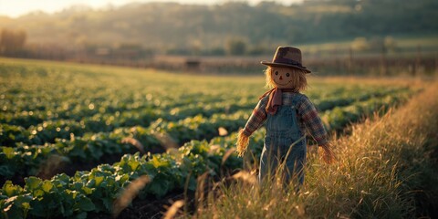 Fototapeta premium Vegetable patch protected by a scarecrow, highlighting crop safety during harvest season