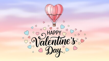 Heart-shaped hot air balloon with 'Happy Valentine's Day' text, pastel sky, small hearts, romantic mood.
