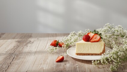 Elderflower syrup cheesecake topped with strawberries on a serving table, floral accents for a fresh dessert look