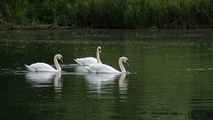 Obraz premium Snow-covered white swans resting on the water, illustrating winter serenity