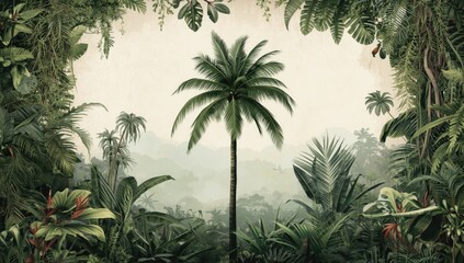 Fototapeta premium Tropical plant and palm tree artwork with floral border, ideal for decorative backgrounds in creative layouts