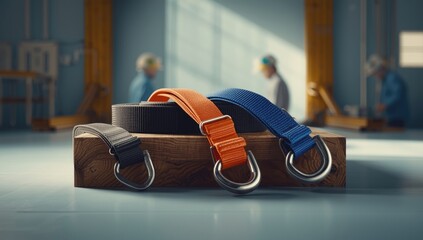 Close-up of orange, black, and blue cargo straps for securing items during transit, safety measures
