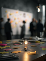 A glowing filament light bulb stands on a desk surrounded by colorful sticky notes, symbolizing a bright idea. In the background, a professional team collaborates at a whiteboard.