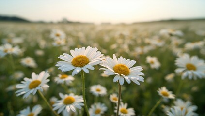 Detailed view of chamomile flowers in an expansive daisy-covered landscape highlighting herbal agriculture practices, Earth Day