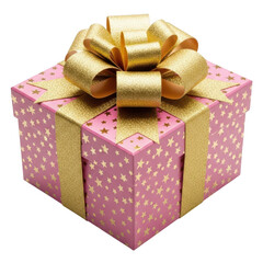 Pink gift box with golden stars and a glittering gold ribbon and bow on a transparent background