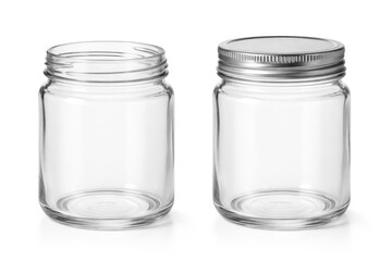 Isolated glass jars one open top and one closed lid on white background
