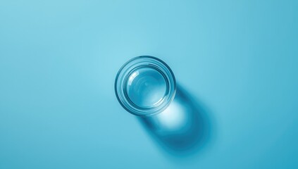 Top-down view of a clear glass containing water on a blue surface, used for design backgrounds or informational displays