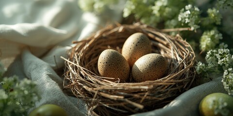 Easter setup with quail eggs nestled on straw, surrounded by green flowers, holiday observance