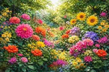 Obraz premium Bright floral patterns set against dense green foliage in a lively garden during warm seasons