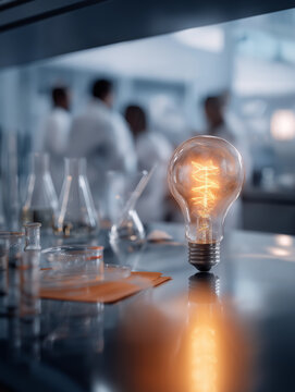 An illuminated vintage light bulb stands on a reflective metal lab table with beakers and petri dishes. In the background, a team of scientists in white coats works in a modern research facility.