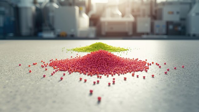 Plastic granules containing colored polymeric dye in orange green and pink for industrial coloring applications, material safety