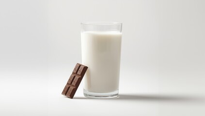 A glass of fresh milk with a chocolate bar on a white surface, highlighting dairy and sweet snack options, World Chocolate Day