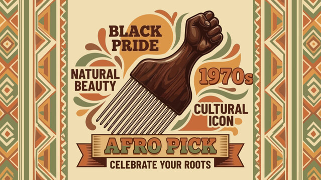 A vibrant vector graphic celebrating Black Pride with an Afro pick and cultural icon from the 1970s