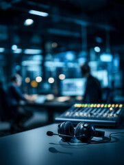Close-up of a professional communication headset and sound mixing board on a desk, with blurred operators working in a high-tech control room or customer support center background.