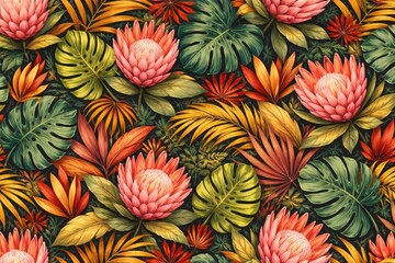 Fototapeta premium 2d seamless tropical pattern with jungle leaves and protea flowers in warm colors