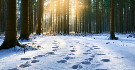 Winter forest scene. Sunlight filters through tall trees onto snow covered ground. Footprints mark path, creating serene atmosphere.
