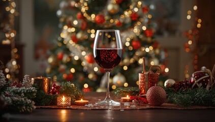 Holiday-themed red wine glass amid Christmas ornaments, ideal for seasonal gatherings