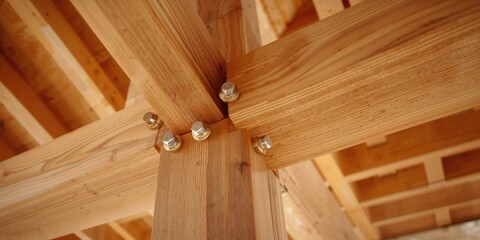 Close-up of a screw and nut assembly on a wooden structure, emphasizing assembly for construction safety