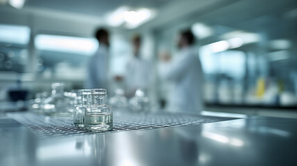Close-up of glass beakers and vials on a reflective stainless steel table in a modern laboratory. In the blurred background, researchers in white coats discuss findings in a sterile facility.