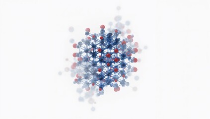 Blue and red molecular structure visualization on white background, laboratory research setup for biotech applications