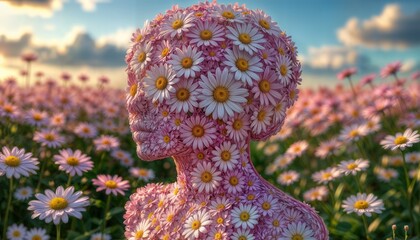 A serene figure stands in a meadow, covered in delicate daisies, as the warm sunlight bathes the scene. The atmosphere radiates tranquility and natural beauty.