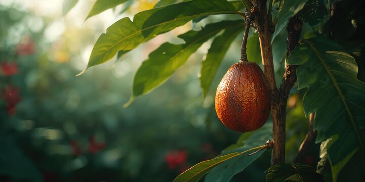 Green sapodilla fruit attached to a tree branch in a lush garden, highlighting tropical agriculture