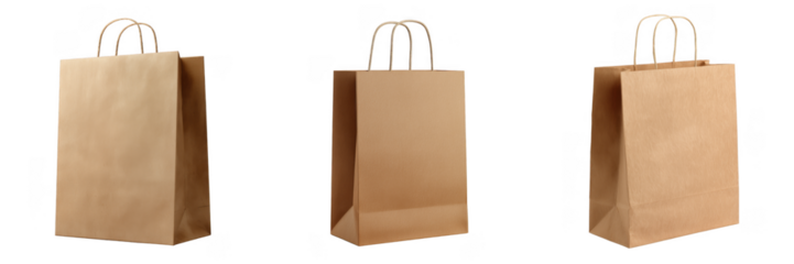 Set Of Brown Kraft Paper Shopping Bags With Handles In Multiple Angles Isolated on Transparent Background