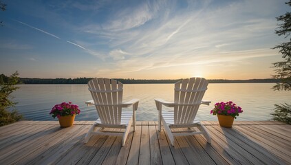 Wooden deck with white Adirondack chairs facing a lake, designed for outdoor recreation and scenic views, World Environment Day