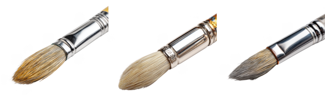 Set Of Artist Paint Brushes With Natural Bristles And Shiny Metal Ferrules Isolated on Transparent Background - Powered by Adobe