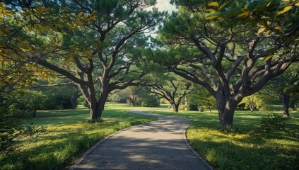 Fototapeta premium Lush greenery and walking trails in Izumi no Mori Public Park, suitable for leisure and nature activities
