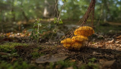 Obraz premium Mushroom chanterelle in a net, highlighting wild mushroom collection and environmental preservation