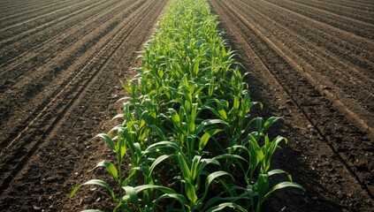 Tractor tracks across young corn plants, highlighting mechanical activity in crop cultivation