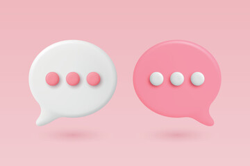 Vector 3d White and Pink Chat Bubbles. Speech Balloons with Dots. Modern Messenger Icon, Communication Symbol, Chat App UI Element, Social Media Message Design Template