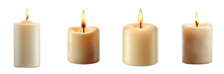 Set Of Cylindrical Burning Candles With Natural Wax Texture Isolated on Transparent Background