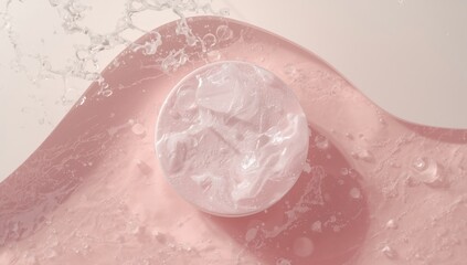 Fototapeta premium Aerial view of a pink crystal lake with foam and splashes, serving as a spring and summer nature backdrop for product displays